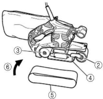 Technical diagram of a mechanical device with numbered parts and directional arrow indicating motion