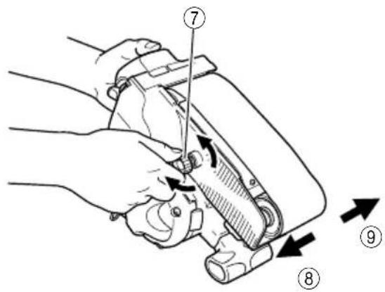 Diagram showing a hand operating a mechanical device with numbered parts and directional arrows indicating motion or assembly.