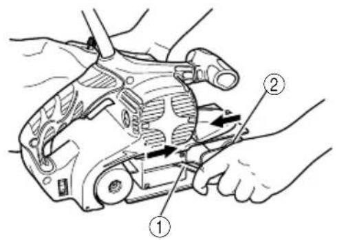 Technical diagram showing hands operating a device with labeled parts ① and ②