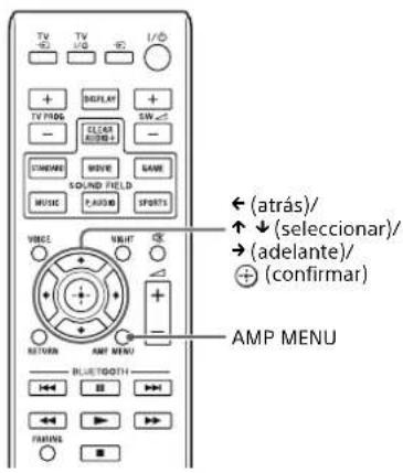 TV + - TV FLORE - + - BEHAVAY + - SWE + - SELECT ADMI - + - STANDARD MORVE BASE SOUND FIELD MUSIC P-AUDIO SPORTS VOLUME VOLUME (atrás)/ (Seleccionar)/ (adelante)/ ( confirmar ) AMP MENU RETURN AMY MENU BLUETOOTH BE FABRIC