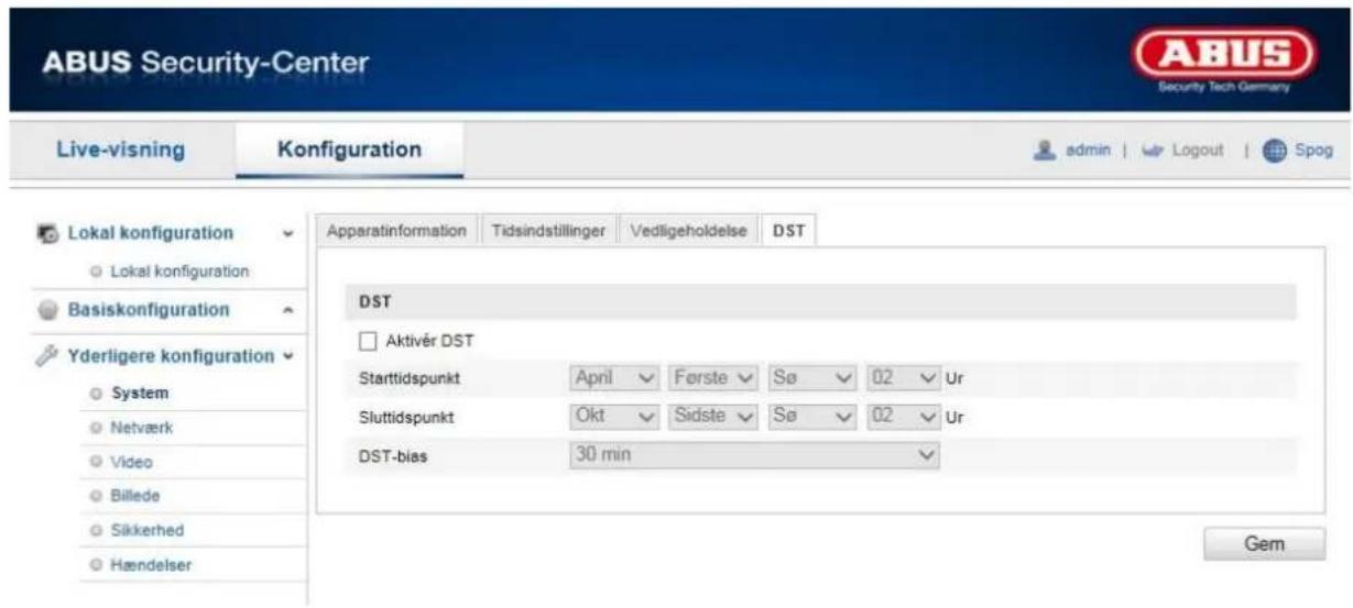 ABUS Security-Center Live-visning Konfiguration admin | Logout Spog Lokal konfiguration Lokal konfiguration Basiskonfiguration Yderligere konfiguration System Netværk Video Billede Sikkerhed Hændelser Apparatinformation Tidsindstillinger Vedligeholdelse DST DST Aktivér DST Starttidspunkt April Første Sø 02 Ur Sluttidspunkt Okt Sidste Sø 02 Ur DST-bias 30 min Gem