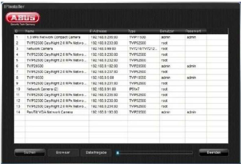 IPInstaller Security Tech Camera C - Name IP Address Type Senutzer Powerwort 1 1.3 MPx Network Compact Camera 192.168.0.205:80 TVP11500 admin admin 2 TVP52500 Day/Night 2.0 MPx Netwo... 192.168.0.233:80 TVP52500 root 3 Network Camera 192.168.0.99:80 TV7210/TV7212... root 4 TVP52500 Day/Night 2.0 MPx Netwo... 192.168.0.230:80 TVP52500 root 5 TVP52500 Day/Night 2.0 MPx Netwo... 192.168.0.232:80 TVP52500 root 6 TVP26500 192.168.0.182:80 TVP26500 admin admin 7 TVP52500 Day/Night 2.0 MPx Netwo... 192.168.0.237:80 TVP52500 root 8 TVP10550 192.168.0.5:60 TVP10550 admin admin 9 TVP52500 Day/Night 2.0 MPx Netwo... 192.168.0.231:80 TVP52500 root 10 Network Camera (2) 192.168.0.91:80.IP01x7 11 TVP52500 Day/Night 2.0 MPx Netwo... 192.168.0.235:80 TVP52500 root 12 TVP52500 Day/Night 2.0 MPx Netwo... 192.168.0.230:80 TVP52500 root 13 TVP52500 Day/Night 2.0 MPx Netwo... 192.168.0.234:80 TVP52500 root 14 Ren/Till VGA Network Camera 192.168.0.193:80 TVP23500 admin admin Sucher Browser Datafragace Beenden