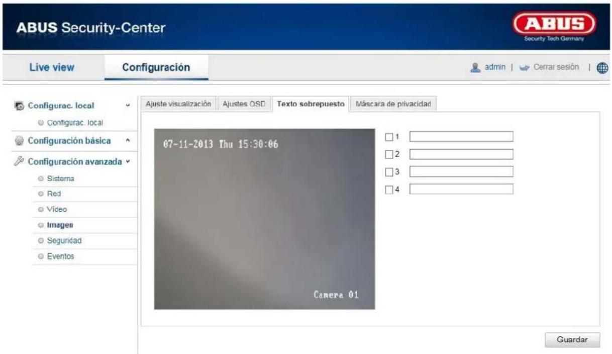ABUS Security-Center LABUS Security Tech Germany Live view Configuración admin | Cerrar sesión | Ajuste visualización Ajustes OSD Texto sobrepuesto Máscara de privacidad Configurac. local Configurac. local Configuración básica Configuración avanzada Sistema Red Vídeo Imagen Seguridad Eventos 07-11-2013 Thu 15:30:06 Camera 01 □ 1 ____ □ 2 ____ □ 3 ____ □ 4 ____ Guardar
