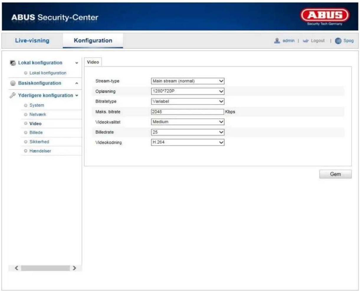 ABUS Security-Center Live-visning Konfiguration admin | Logout | Spog Lokal konfiguration Lokal konfiguration Basiskonfiguration Yderligere konfiguration System Netværk Video Billede Sikkerhed Hændelser Video Stream-type Main stream (normal) Opløsning 1280*720P Bitratetype Variabel Maks. bitrate 2048 Kbps Videokvalitet Medium Billedrate 25 Videokodning H.264 Gem