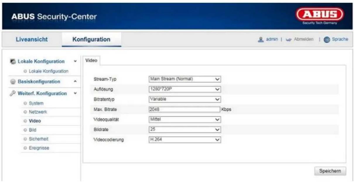 ABUS Security-Center Liveansicht Konfiguration admin Abmeiden Sprache Lokale Konfiguration Lokale Konfiguration Basiskonfiguration Weiterf. Konfiguration System Netzwerk Video Bild Sicherheit Ereignisse Video Stream-Typ Main Stream (Normal) Auflösung 1280*720P Bitratentyp Variable Max. Bitrate 2048 Kbps Videqualität Mittel Bildrate 25 Videocodierung H.264 Speichern