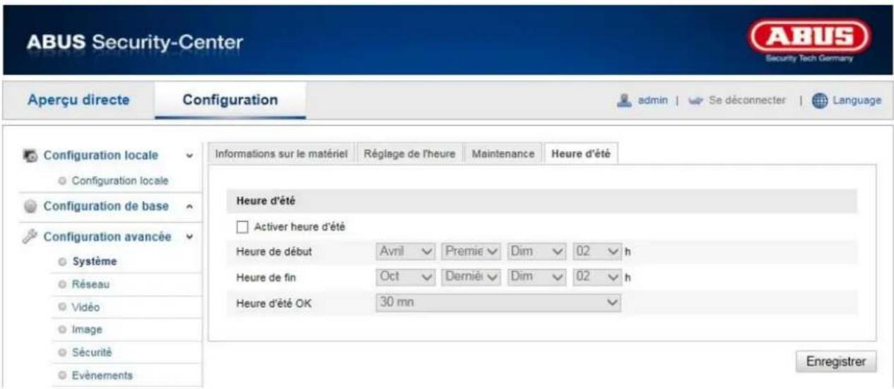 ABUS Security-Center Aperçu directe Configuration admin Se déconnecter Language Configuration locale Configuration locale Configuration de base Configuration avancée Système Réseau Vidéo Image Sécurité Evénements Informations sur le matériel Réglage de l'heure Maintenance Heure d'été Heure d'été Activer heure d'été Heure de début Avril Premie Dim 02 h Heure de fin Oct Dernié Dim 02 h Heure d'été OK 30 mn Enregistrer