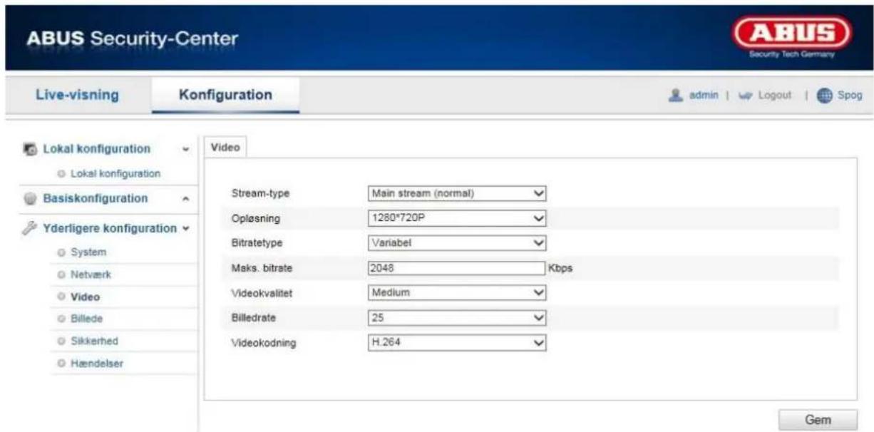 ABUS Security-Center Live-visning Konfiguration admin | Logout Spog Lokal konfiguration Lokal konfiguration Basiskonfiguration Yderligere konfiguration System Netværk Video Billede Sikkerhed Hændelser Video Stream-type Main stream (normal) Oplasning 1280*720P Bitratetype Variabel Maks. bitrate 2048 Kbps Videokvalitet Medium Billedrate 25 Videokodning H.264 Gem
