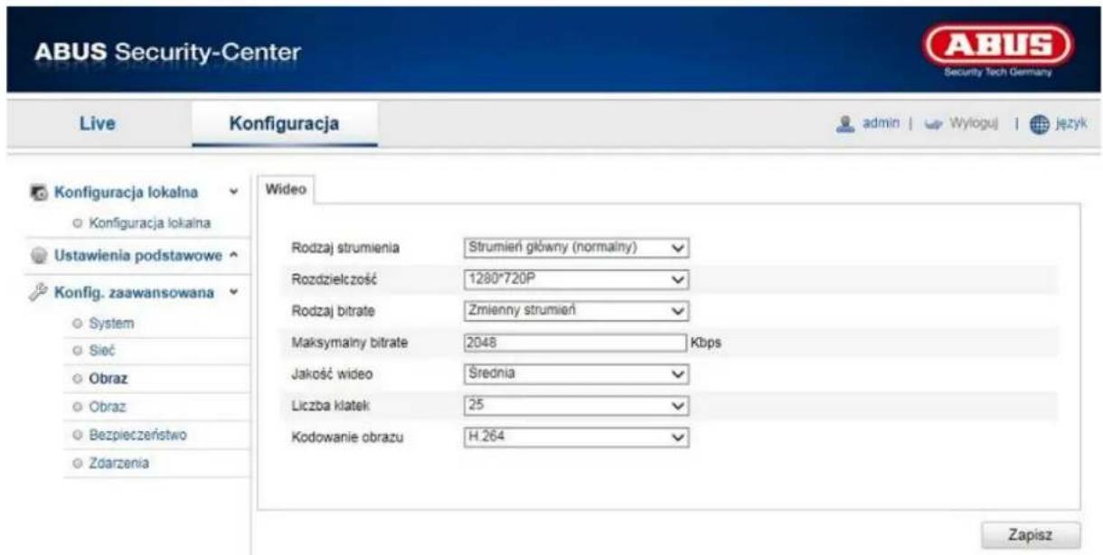 ABUS Security-Center Live Konfiguracja admin | Wyloguj | język Konfiguracja lokalna ○ Konfiguracja lokalna Ustawienia podstawowe Konfig. zaawansowana ○ System ○ Sieć ○ Obraz ○ Obraz ○ Bezpieczeństwo ○ Żdarzenia Wideo Rodzaj strumienia Strumień główny (normalny) Rozdzielczość 1280*720P Rodzaj bitrate Zmienny strumień Maksymalny bitrate 2048 Kbps Jakość wideo Średnia Liczba klatek 25 Kodowanie obrazu H.264 Zapisz