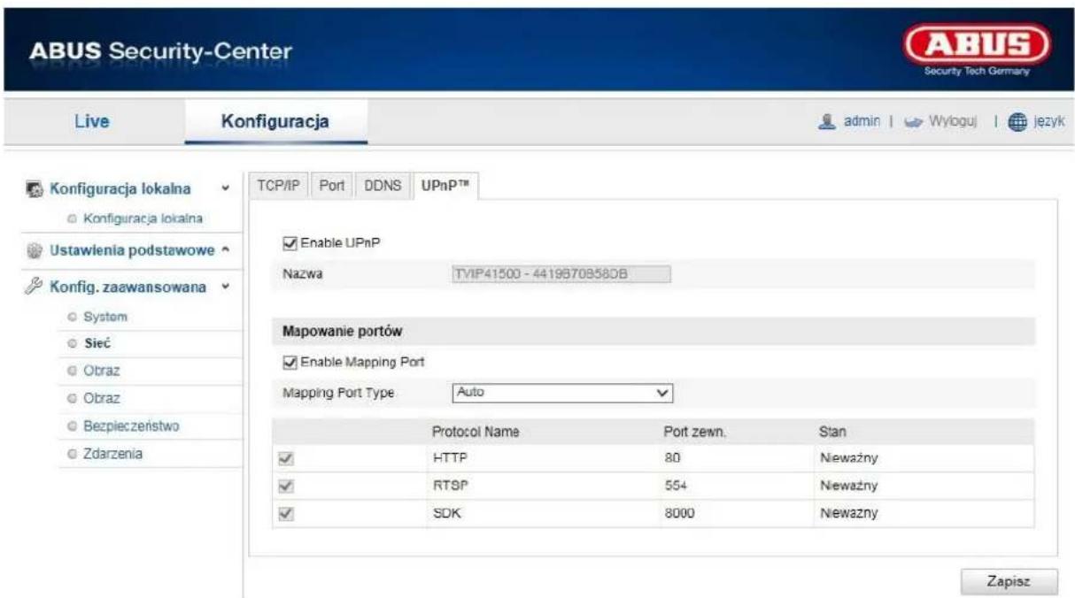 ABUS Security-Center Live Konfiguracja admin | Wyloguj | język TCP/IP Port DDNS UPnP™ Enable UPnP Nazwa TVIP41500 - 44198708580B Mapowanie portów Enable Mapping Port Mapping Port Type Auto Protocol Name Port zewn. Stan HTTP 80 Nieważny RTSP 554 Nieważny SDK 8000 Nieważny Zapisz