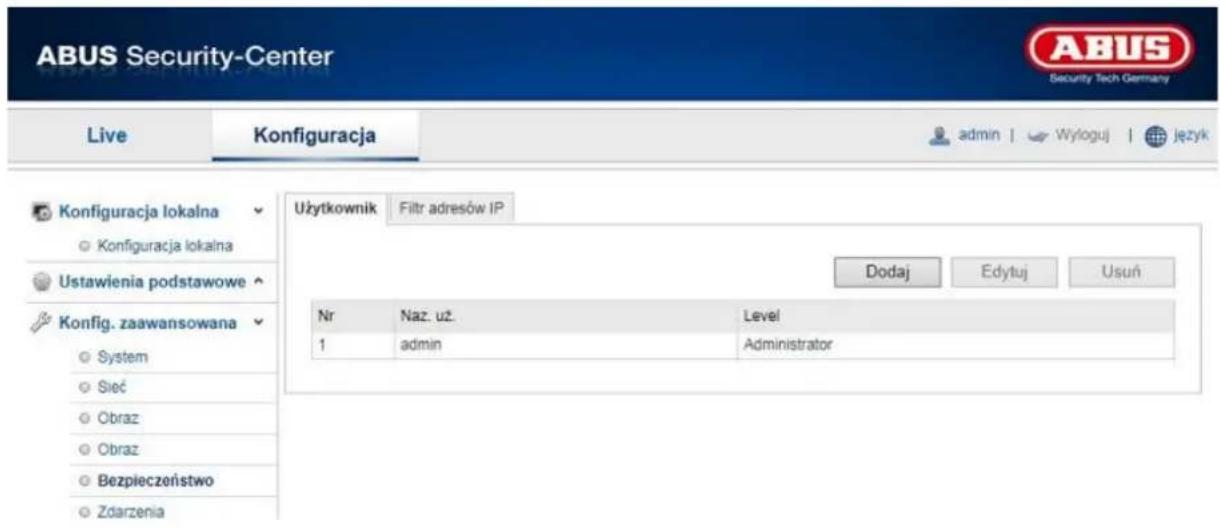 ABUS Security-Center Live Konfiguracja admin | Wyloguj | język Konfiguracja lokalna ○ Konfiguracja lokalna Ustawienia podstawowe Konfig. zaawansowana ○ System ○ Sieć ○ Obraz ○ Obraz ○ Bezpieczeństwo ○ Zdarzenia Użytkownik Filtr adresów IP Dodaj Edytuj Usuń Nr Naz. uż. Level 1 admin Administrator