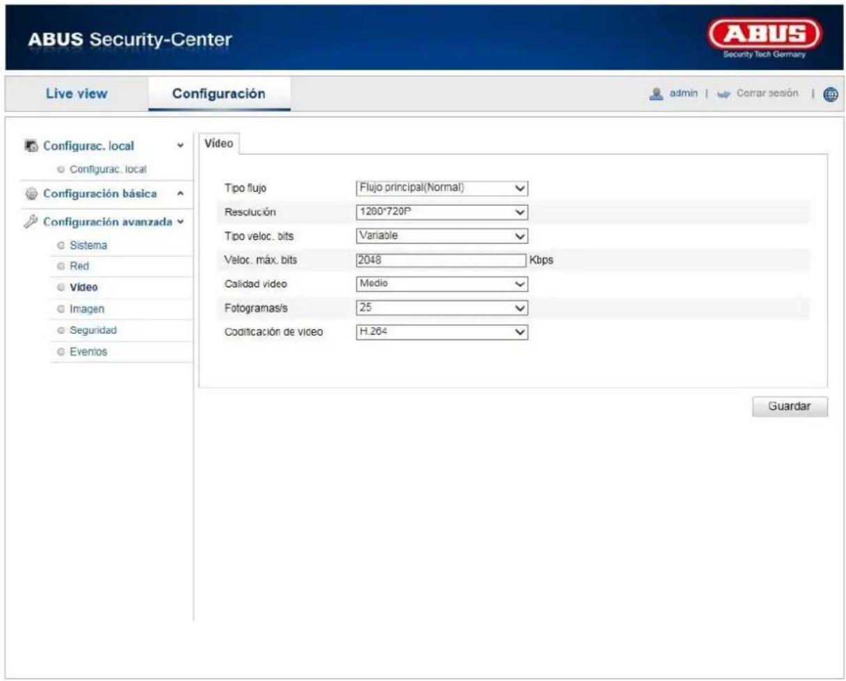 ABUS Security-Center Live view Configuración admin | Corrar occión | Configurac. local Configurac. local Configuración básica Configuración avanzada Sistema Red Video Imagen Seguridad Eventos Video Tipo flujo Flujo principal(Normal) Resolución 1200*720P Tipo veloc. bits Variable Veloc. máx. bits 2048 Kbps Calidad video Medio Fotogramas/s 25 Codificación de video H.264 Guardar