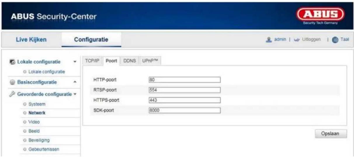 ABUS Security-Center Live Kijken Configuratie admin | Utioggen | Taal Lokale configuratie Lokale configuratie Basisconfiguratie Gevorderde configuratie Systeem Netwerk Video Beeld Beveiliging Gebeurtenissen TCP/IP Poort DDNS UPnP™ HTTP-poort 80 RTSP-poort 554 HTTPS-poort 443 SDK-poort 8000 Opslaan