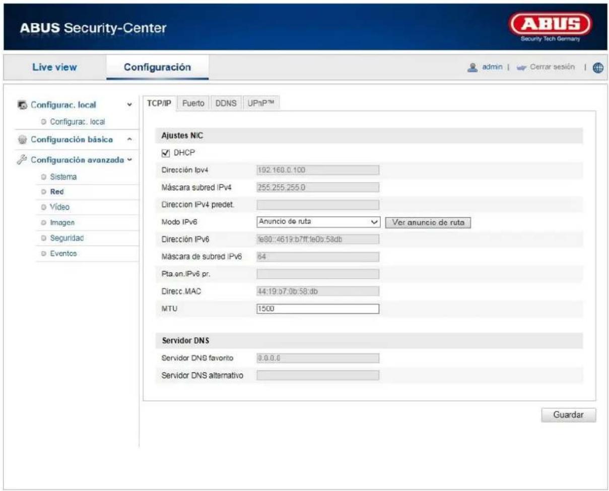 ABUS Security-Center Live view Configuración admin Cerrar sesión Configurac. local Configurac. local Configuración básica Configuración avanzada Sistema Red Video Imagen Seguridad Eventos TCP/IP Puerto DDNS UPnP™ Ajustes NIC DHCP Dirección lpv4 192.160.0.100 Máscara subred IPv4 255.255.255.0 Dirección IPv4 predet. Modo IPv6 Anuncio de ruta Ver anuncio de ruta Dirección IPv6 fe80:4619.b7ff:fe0b.58db Máscara de subred IPv6 64 Pta.en.IPv6 pr. Direcc.MAC 44:19:b7:0b:58:db MTU 1500 Servidor DNS Servidor DNS favorito 9.0.0.0 Servidor DNS alternativo Guardar
