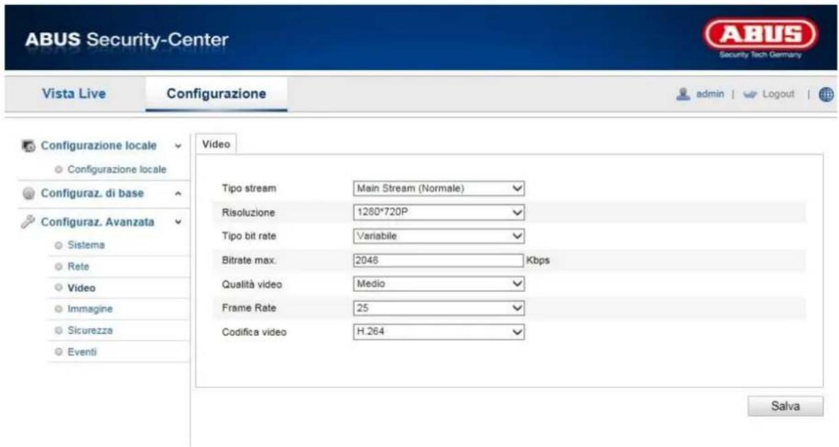 ABUS Security-Center Vista Live Configurazione Configurazione locale Configurazione locale Configuraz. di base Configuraz. Avanzata Sistema Rete Video Immagine Sicurezza Eventi Video Tipo stream Main Stream (Normale) Risoluzione 1260*720P Tipo bit rate Variabile Bitrate max. 2048 Kmbs Qualità video Medio Frame Rate 25 Codifica video H.264 Salva