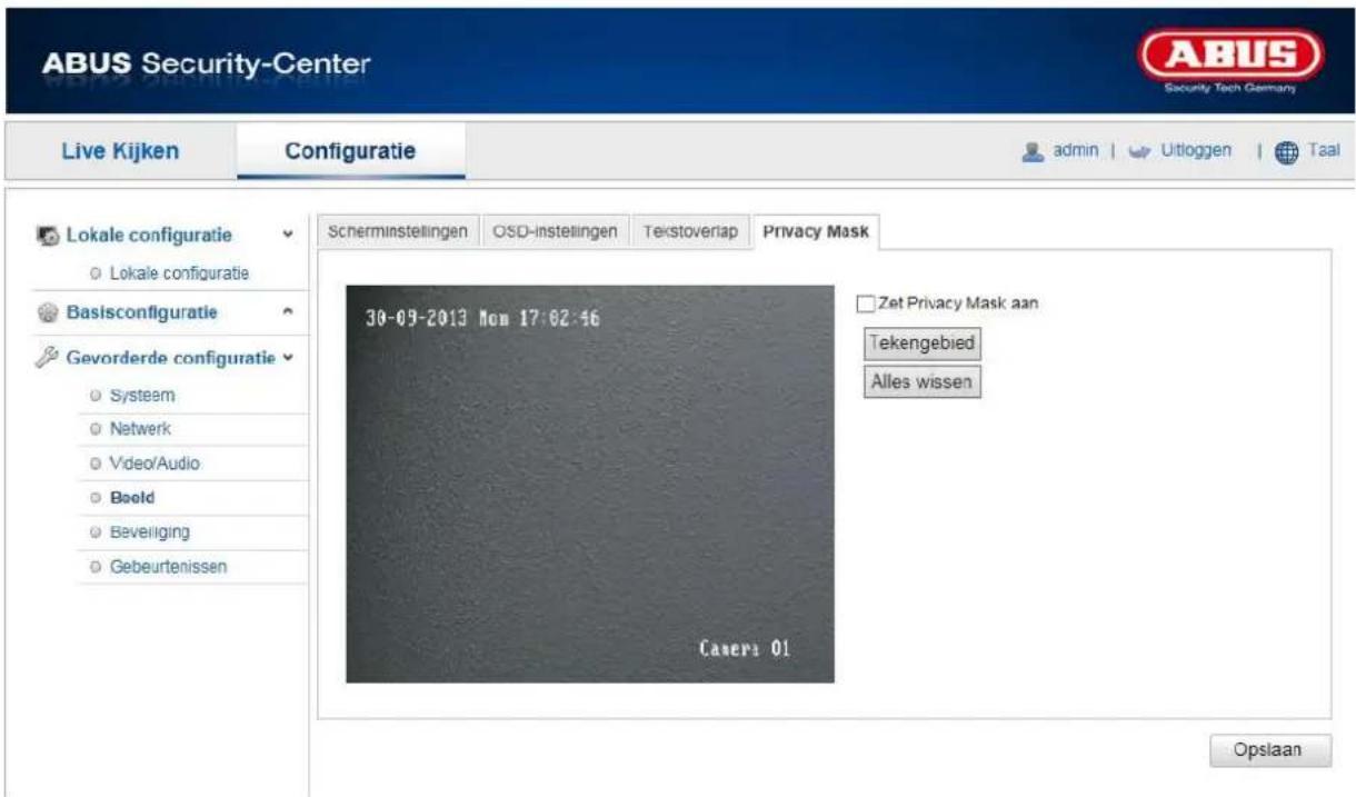 ABUS Security-Center Live Kijken Configuratie admin | Uitloggen | Taal Lokale configuratie Lokale configuratie Basisconfiguratie Gevorderde configuratie Systeem Netwerk Video/Audio Beeld Beveiliging Gebeurtenissen 30-09-2013 Mon 17:02:46 Zet Privacy Mask aan Tekengebied Alles wissen Cases 01 Opslaan