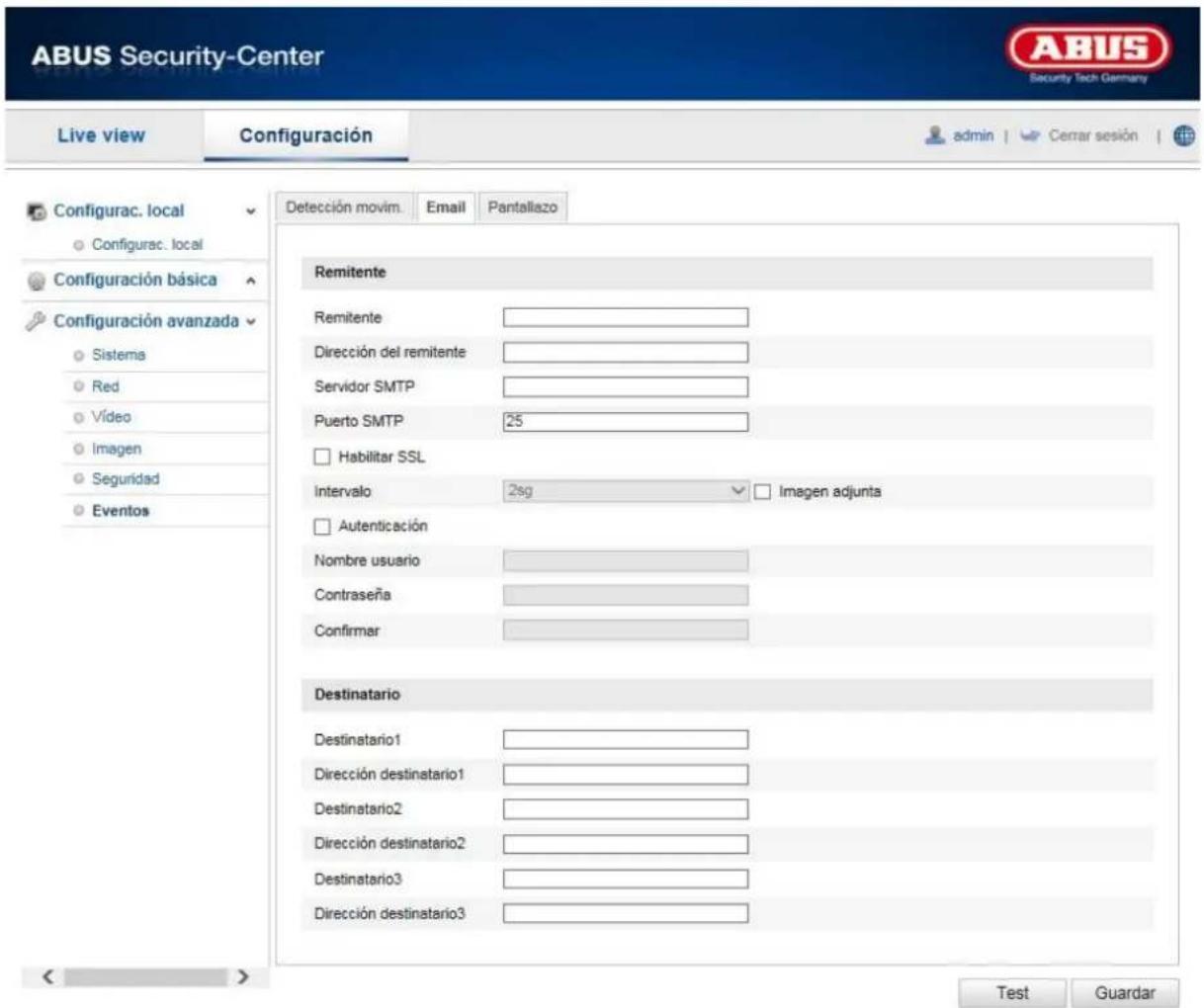 ABUS Security-Center Live view Configuración admin Cerrar sesión Configurac. local Configurac. local Configuración básica Configuración avanzada Sistema Red Vídeo Imagen Seguridad Eventos Detección movim. Email Pantallazo Remitente Remitente Dirección del remitente Servidor SMTP Puerto SMTP 25 Habilitar SSL Intervalo 2sg Imagen adjunta Autenticación Nombre usuario Contraseña Confirmar Destinatario Destinatario1 Dirección destinatario1 Destinatario2 Dirección destinatario2 Destinatario3 Dirección destinatario3 Test Guardar