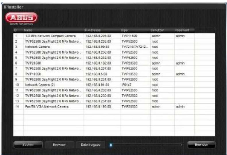 IPInstaller ABUS Sawth Ten Camera C Name P-Adresse Type Benutzer Passwort 1 1.3 MPx Network Compact Camera 192.168.0.205:80 TVIP11500 admin admin 2 TVPS2500 Day/Night 2.0 MPx Netwo... 192.168.0.233:80 TVPS2500 root 3 Network Camera 192.168.0.99:80 TV7210/TV7212... root 4 TVPS2500 Day/Night 2.0 MPx Netwo... 192.168.0.238:80 TVPS2500 root 5 TVPS2500 Day/Night 2.0 MPx Netwo... 192.168.0.232:80 TVPS2500 root 6 TVP20500 192.168.0.182:80 TVP20500 admin admin 7 TVPS2500 Day/Night 2.0 MPx Netwo... 192.168.0.237:80 TVPS2500 root 8 TVP10550 192.168.0.5:80 TVP10550 admin admin 9 TVPS2500 Day/Night 2.0 MPx Netwo... 192.168.0.231:80 TVPS2500 root 10 Network Camera (2) 192.168.0.91:80 IP01x7 root 11 TVPS2500 Day/Night 2.0 MPx Netwo... 192.168.0.235:80 TVPS2500 root 12 TVPS2500 Day/Night 2.0 MPx Netwo... 192.168.0.230:80 TVPS2500 root 13 TVPS2500 Day/Night 2.0 MPx Netwo... 192.168.0.234:80 TVPS2500 root 14 Pan/Tit VGA Network Camera 192.168.0.193:80 TVP20500 admin admin Sucher Browser Dataflagate Beenden