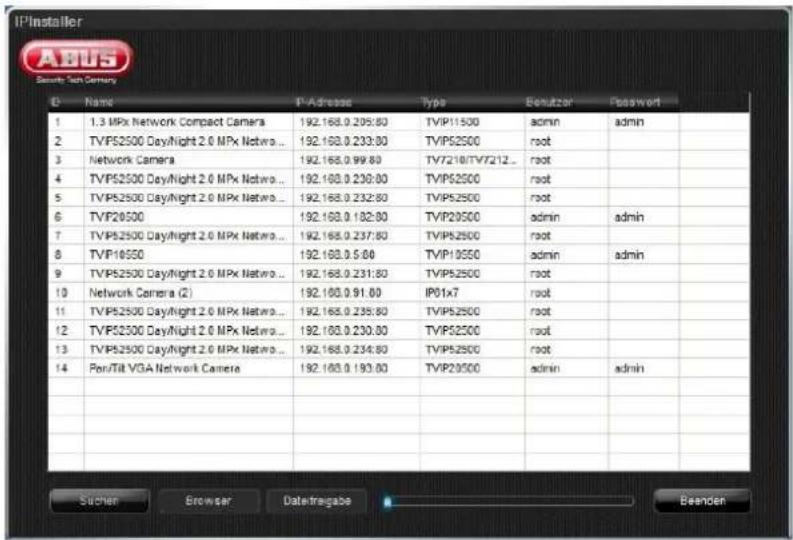 IPInstaller Sensify Tech Camera Name P-Adriase Type Benutzer Passwort 1 1.3 MPx Network Compact Camera 192.168.0.205:80 TVP11500 admin admin 2 TVP52500 Day/Night 2.0 MPx Netwo... 192.168.0.233:80 TVP52500 root 3 Network Camera 192.168.0.99:80 TV7210/TV7212... root 4 TVP52500 Day/Night 2.0 MPx Netwo... 192.168.0.230:80 TVP52500 root 5 TVP52500 Day/Night 2.0 MPx Netwo... 192.168.0.232:80 TVP52500 root 6 TVP20500 192.168.0.102:80 TVP20500 admin admin 7 TVP52500 Day/Night 2.0 MPx Netwo... 192.168.0.237:80 TVP52500 root 8 TVP10550 192.168.0.5:00 TVP10550 admin admin 9 TVP52500 Day/Night 2.0 MPx Netwo... 192.168.0.231:80 TVP52500 root 10 Network Camera (2) 192.168.0.91:80.IP01X7 root 11 TVP52500 Day/Night 2.0 MPx Netwo... 192.168.0.239:80 TVP52500 root 12 TVP52500 Day/Night 2.0 MPx Netwo... 192.168.0.230:80 TVP52500 root 13 TVP52500 Day/Night 2.0 MPx Netwo... 192.168.0.234:80 TVP52500 root 14 Pen/Till VGA Network Camera 192.168.0.193:80 TVP20500 admin admin Sucher Browser Datedregabe Beenden