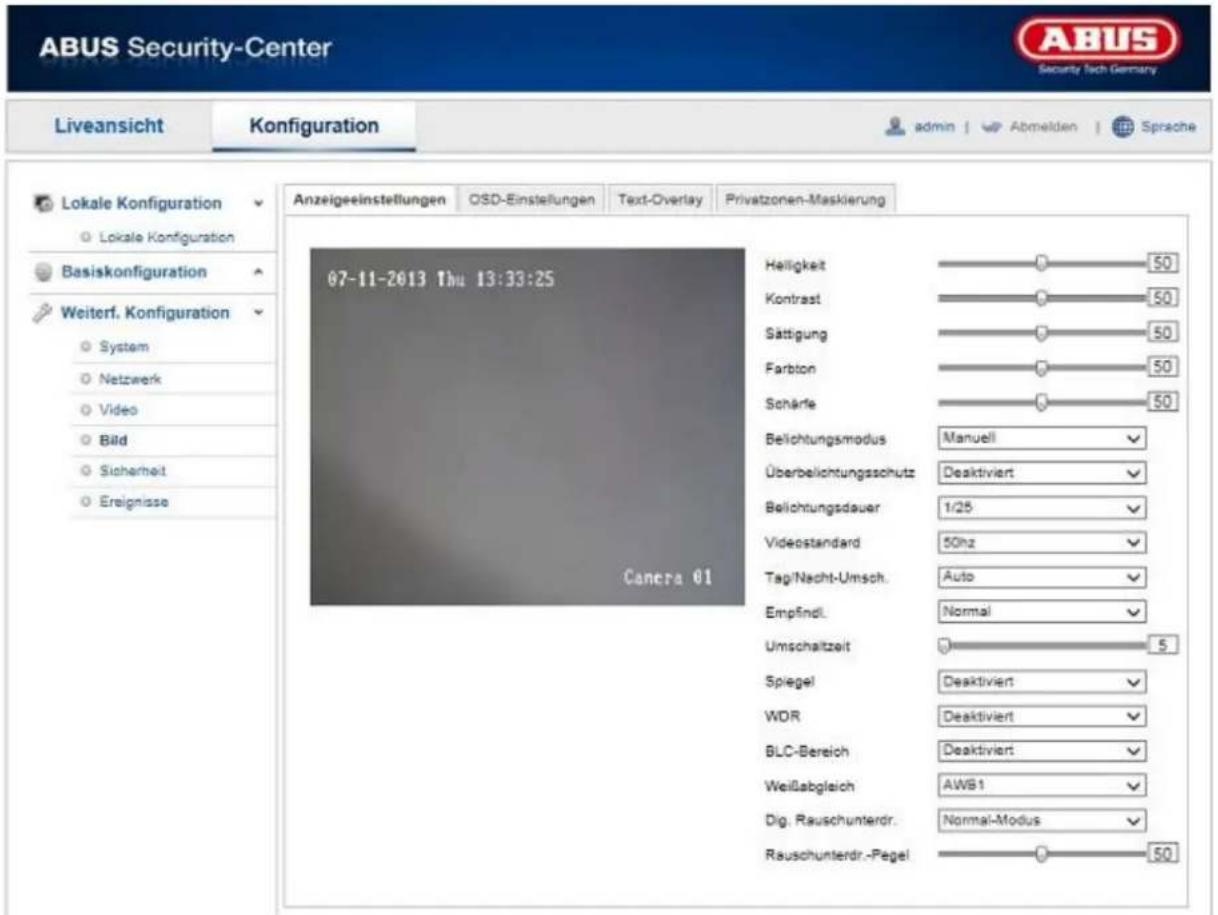 ABUS Security-Center Liveansicht Konfiguration admin | Abmelden | Sprache Anzeigeeinstellungen OSD-Einstellungen Text-Overlay Privatzonen-Maskierung Lokale Konfiguration Lokale Konfiguration Basiskonfiguration Weiterf. Konfiguration System Netzwerk Video Bild Sicherheit Ereignisse 07-11-2013 Thu 13:33:25 Canera 01 Helligkeit 50 Kontrast 50 Sättigung 50 Farbton 50 Schräfe 50 Belichtungsmodus Manuell Überbelichtungsschutz Deaktiviert Belichtungsdauer 1/25 Videostandard 50Hz Tag/Nacht-Umsch. Auto Empfindl. Normal Umschaltzeit 5 Spiegel Deaktiviert WDR Deaktiviert BLC-Bereich Deaktiviert Weißabgleich AWB1 Dig. Rauschunterdr. Normal-Modus Rauschunterdr.-Pegel 50