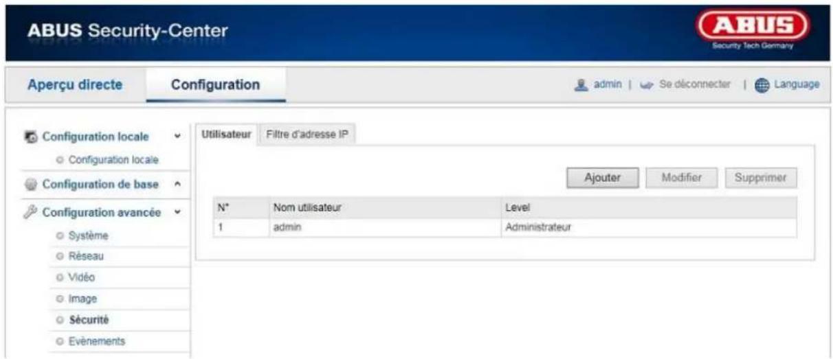 ABUS Security-Center Aperçu directe Configuration admin Se déconnecter Language Configuration locale Configuration locale Configuration de base Configuration avancée Système Réseau Vidéo Image Sécurité Evénements Utilisateur Filtre d'adresse IP Ajouter Modifier Supprimer N° Nom utilisateur Level 1 admin Administrateur