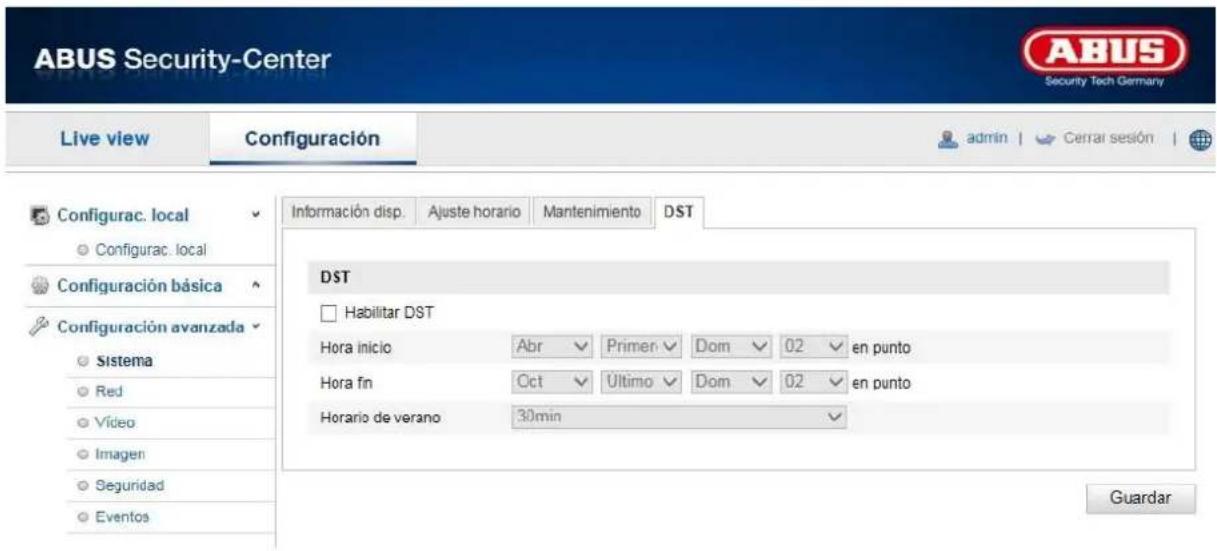 ABUS Security-Center Live view Configuración admin Cerrar sesión Configurac. local Configurac. local Configuración básica Configuración avanzada Sistema Red Video Imagen Seguridad Eventos Información disp. Ajuste horario Mantenimiento DST Habititar DST Hora inicio Abr Primer Dom 02 en punto Hora fin Oct Ultimo Dom 02 en punto Horario de verano 30min Guardar