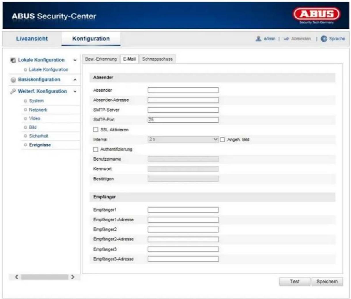 ABUS Security-Center Liveansicht Konfiguration admin Abmelden Sprache Lokale Konfiguration Lokale Konfiguration Basiskonfiguration Weiterf. Konfiguration System Netzwerk Video Bild Sicherheit Ereignisse Bew.-Erkennung E-Mail Schnappschuss Absender Absender Absender-Adresse SMTP-Server SMTP-Port 25 SSL Aktivieren Interval 2 s Angeh. Bild Authentifizierung Benutzername Kennwort Bestätigen Empfänger Empfänger1 Empfänger1-Adresse Empfänger2 Empfänger2-Adresse Empfänger3 Empfänger3-Adresse Test Speichern