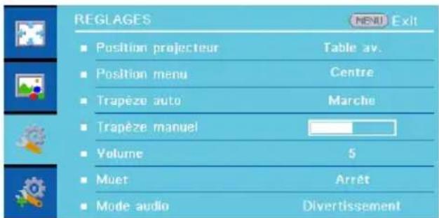 REGLAGES Position projecteur Position menu Trapèze auto Trapèze manuel Volume Muet Mode audio Table av. Centre Marche 5 Arrêt Divertissement