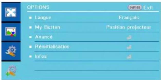 OPTIONS Langue My Button Avance Reinitialisation Infos Français Position projecteur exit