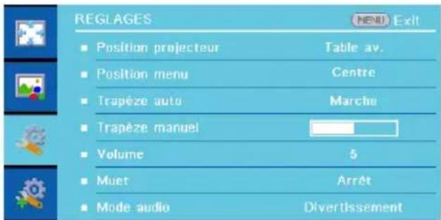 REGLAGES Position projecteur Position menu Trapèze auto Trapèze manuel Volume Muet Mode audio Table av. Centre Marche 5 Arrêt Divertissement