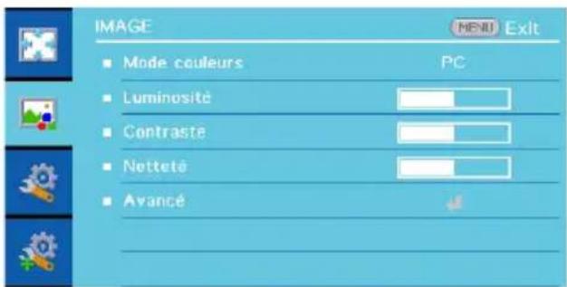 IMAGE ■ Mode couleurs PC ■ Luminosité ■ Contraste ■ Nettete ■ Avancé ↓