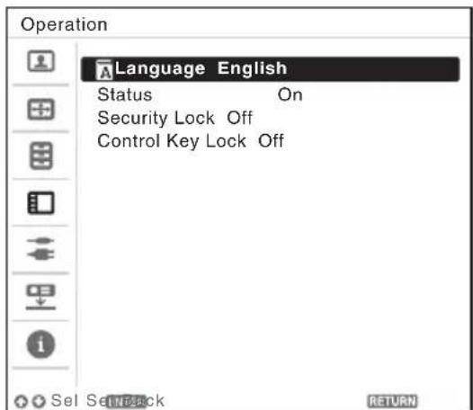 Operation Language English Status On Security Lock Off Control Key Lock Off Sel SelectBack RETURN