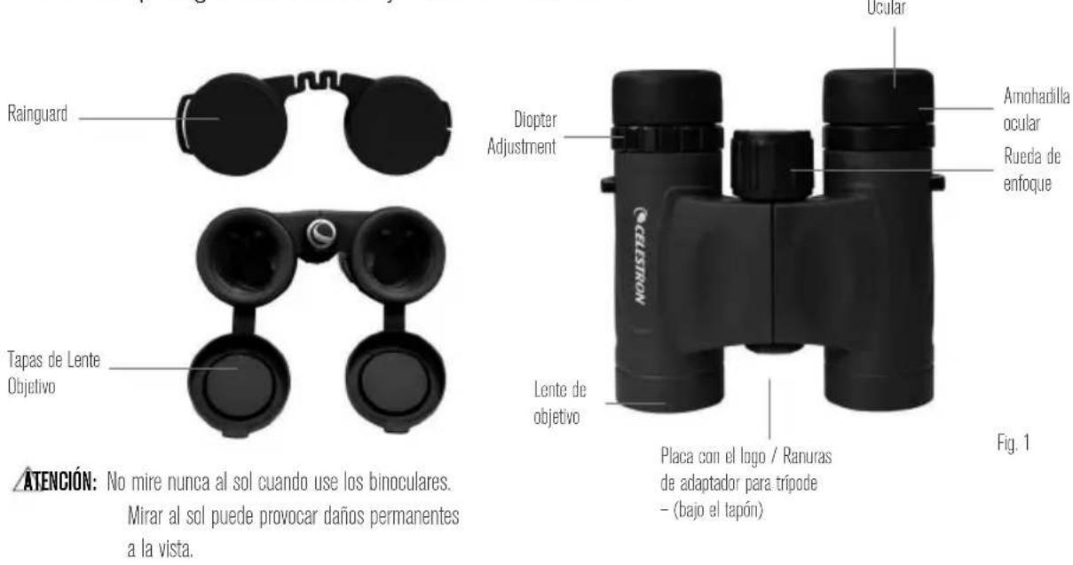 Rainguard Tapas de Lente Objetivo ATENCIÓN: No mire nunca al sol cuando use los binoculares. Mirar al sol puede provocar daños permanentes a la vista. Diopter Adjustment Lente de objetivo Ocular Amohadilla ocular Rueda de enfoque Lente de objetivo Placa con el logo / Ranuras de adaptador para trípod…