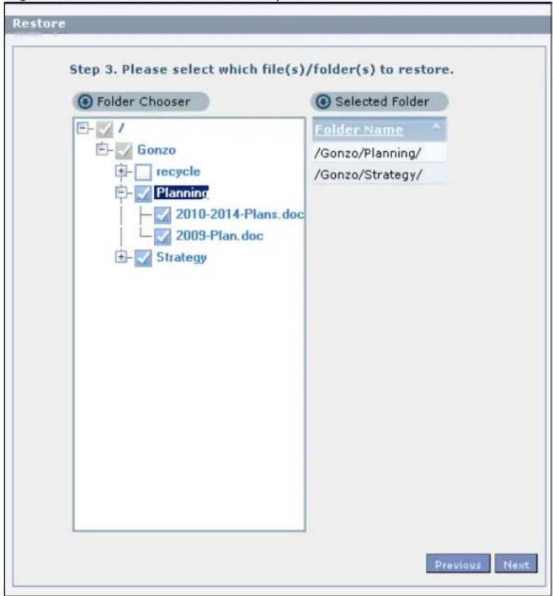 Restore Step 3. Please select which file(s)/folder(s) to restore. Folder Chooser Selected Folder Folder Name /Gonzo/Planning/ /Gonzo/Strategy/ ✓ / ✓ Gonzo recycle ✓ Planning 2010-2014-Plans.doc 2009-Plan.doc ✓ Strategy Previous Next