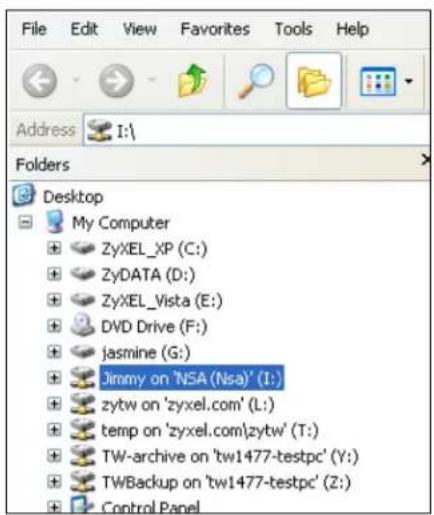 File Edit View Favorites Tools Help Address I:\ Folders Desktop My Computer ZyXEL_XP (C:) ZyDATA (D:) ZyXEL_Vista (E:) DVD Drive (F:) jasmine (G:) Jimmy on 'NSA (Nsa)' (I:) zytw on 'zyxel.com' (L:) temp on 'zyxel.com\zytw' (T:) TW-archive on 'tw1477-testpc' (Y:) TWBackup on 'tw1477-testpc' (Z:) Control Panel