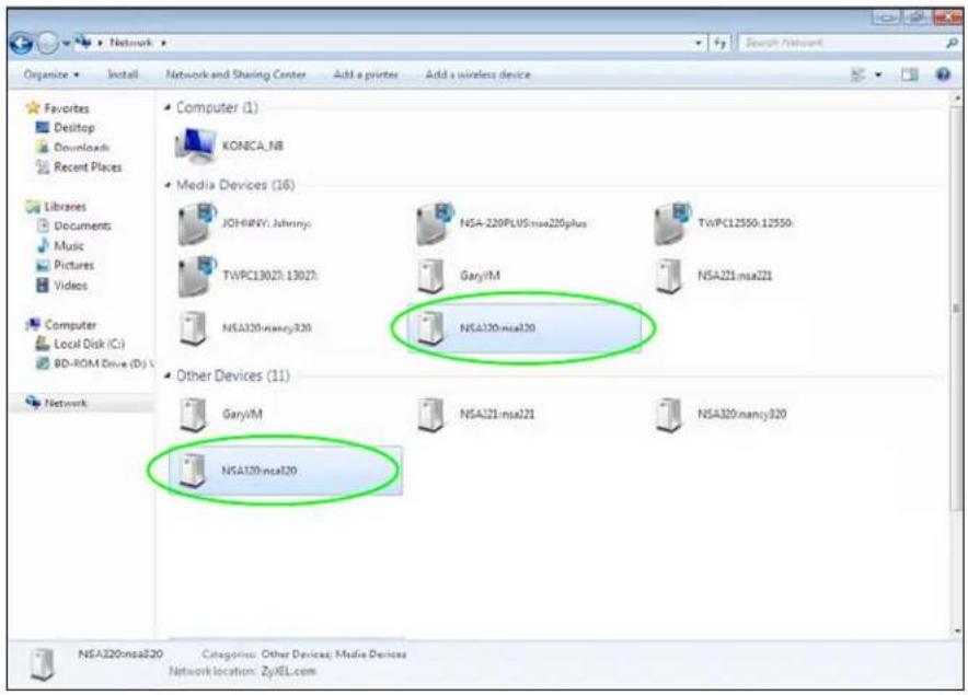 Organize Install Network and Sharing Center Add a printer Add a wireless device Favorites Desktop Downloads Recent Places Libraries Documents Music Pictures Videos Computer Local Disk (C:) BD-ROM Drive (D:) Network Computer (1) KONCA NB Media Devices (16) JOHINY: Johnny: NSA-220PLUSmsa220plus TWPC12550.12550. TWPC13027.13027: Gary/M NSA221.msa221 NSA320.mancy320 NSA320.msa120 Other Devices (11) Gary/M NSA221.msa121 NSA320.mancy320 NSA320.msa120 Categories: Other Devices; Media Devices Network location: ZyEL.com