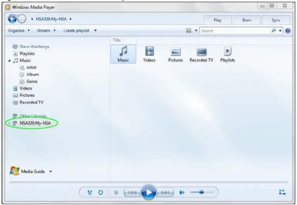Windows Media Player NSA320:My-NSA Organize Stream Create playlist Search Steve Waldenga Playlists Music Artist Album Genre Videos Pictures Recorded TV Other Libraries NSA320:My-NSA Media Guide