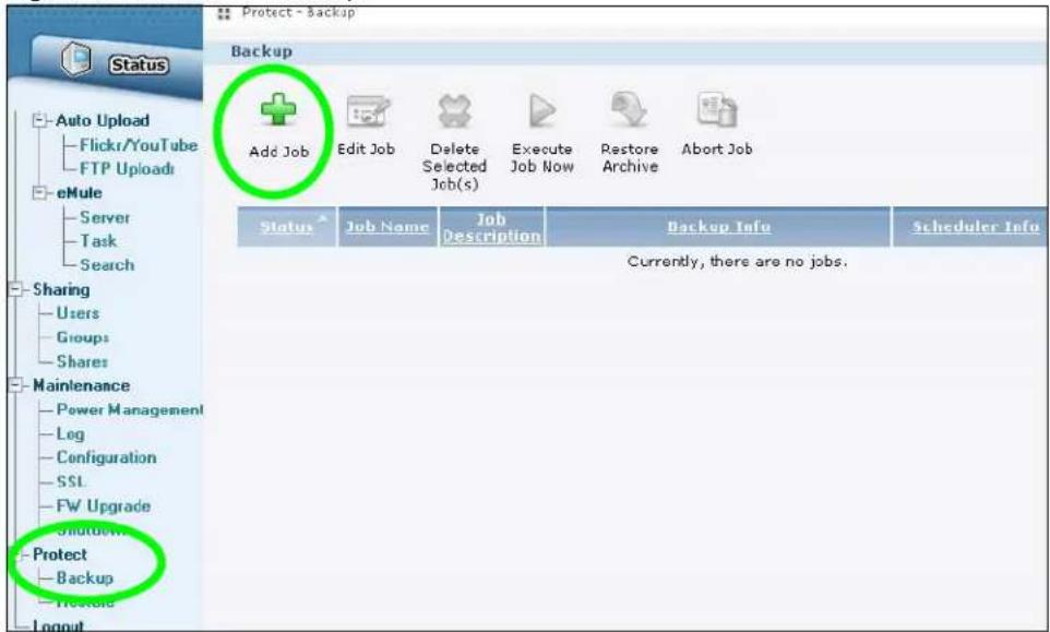 Protect - Backup Status Auto Upload Flickr/YouTube FTP Uploads eMule Server Task Search Sharing Users Groups Shares Maintenance Power Management Leg Configuration SSL FW Upgrade Shutdown Protect Backup Layout Backup Add Job Edit Job Delete Selected Job(s) Execute Job Now Restore Archive Abort Job Status^ Job Name Job Description Backup Info Scheduler Info Currently, there are no jobs.