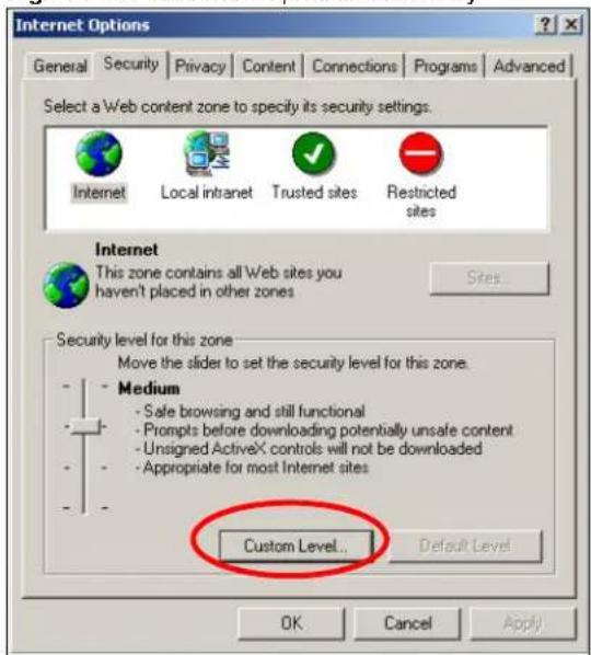 Internet Options General Security Privacy Content Connections Programs Advanced Select a Web content zone to specify its security settings. Internet Local intranet Trusted sites Restricted sites Internet This zone contains all Web sites you haven't placed in other zones Sites Security level for this zone Move the slider to set the security level for this zone. Medium - Safe browsing and still functional - Prompts before downloading potentially unsafe content - Unsigned ActiveX controls will not be downloaded - Appropriate for most Internet sites Custom Level... Default Level OK Cancel Apply