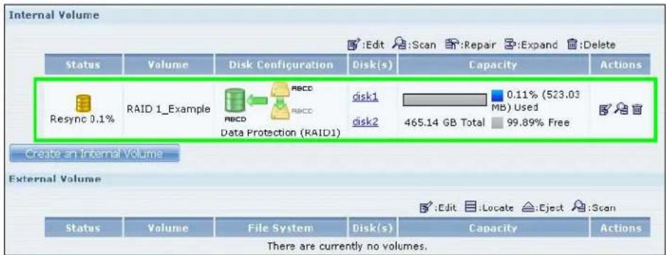 Internal Volume Status Volume Disk Configuration Disk(s) Capacity Actions Resync 0.1% RAID 1_Example RBCCD disk1 0.11% (523.03 Mb) Used Data Protection (RAID1) disk2 465.14 GB Total 99.89% Free Create an Internal Volume External Volume Status Volume File System Disk(s) Capacity Actions There are currently no volumes.