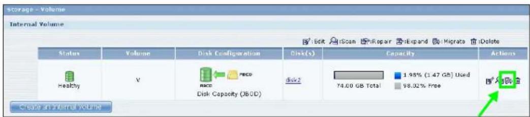 Storage - Volume Internal Volume Status Volume Disk Configuration Disk(s) Capacity Actions Healthy V RBCD disk2 1.98% (1.47 GB) Used 98.02% Free 100% Disk Capacity (JBOD) Create an internal volume