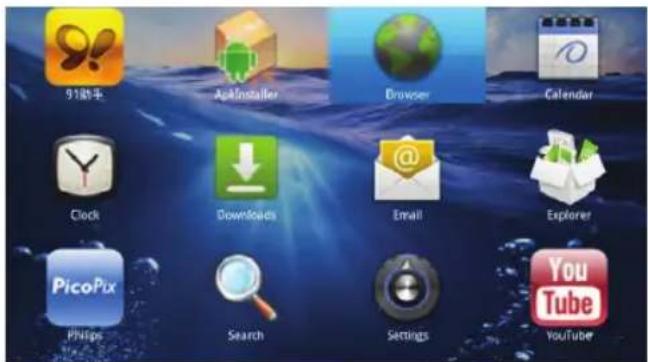 9184 AppInstaller Browser Calendar Clock Downloads Email Explorer PicoPix Philips Search Settings YouTube
