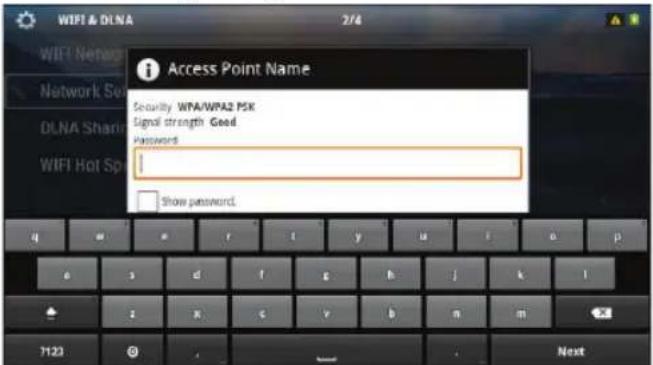 WIFI & DLNA 2/4 WIFI Network Network Sat DLNA Sharing WIFI Hot Sp i Access Point Name Security WPA/WPA2 MSX Signal strength Good Password Show password. q m e r t y u i a p e s d f g h j k l z x c v b n m 7123 Next