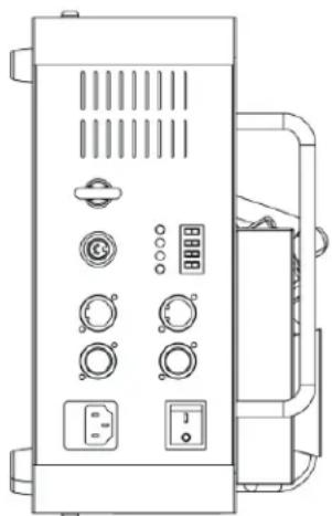 Technical line drawing of a control panel with buttons and gauges (no text or symbols)
