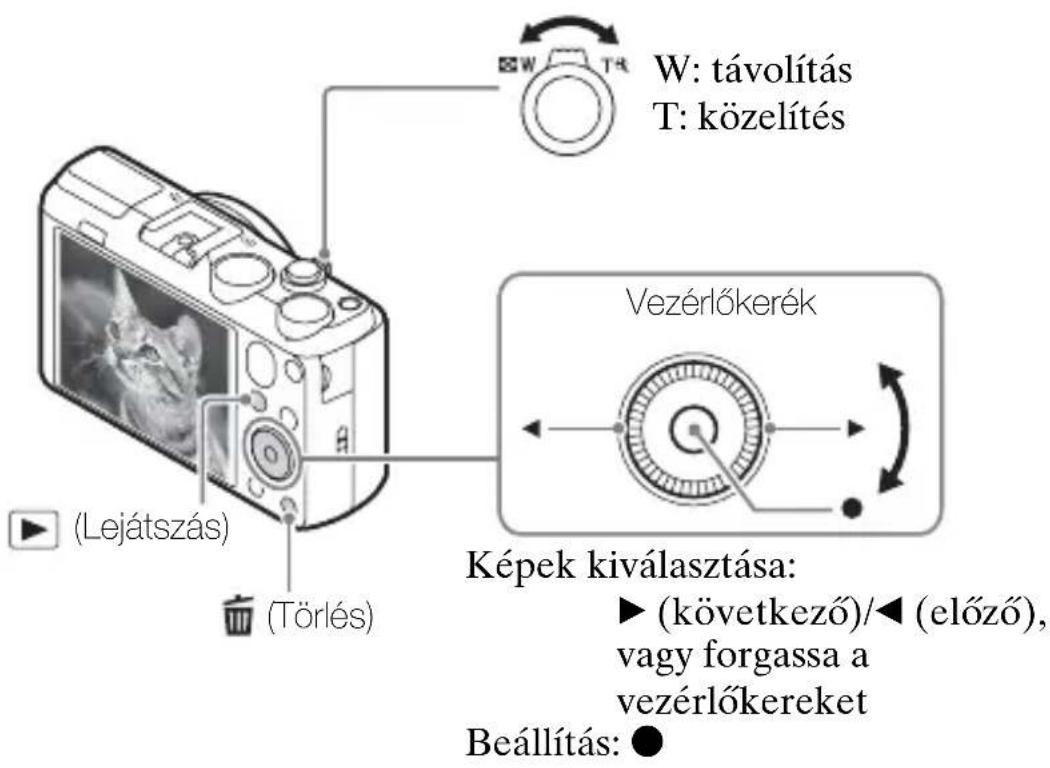 W: távolítás T: közelítés Vezérlőkerék Képek kiválasztása: ► (következő)/◀ (előző), vagy forgassa a vezérlőkereket Beállítás: ●