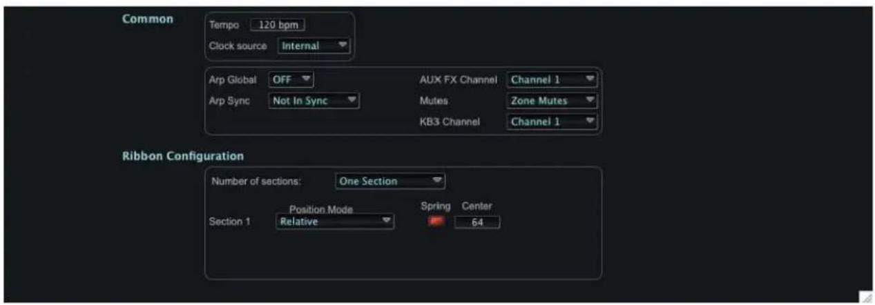 Common Tempo 120 bpm Clock source Internal Arp Global OFF AUX FX Channel Channel 1 Arp Sync Not In Sync Mutes Zone Mutes KB3 Channel Channel 1 Ribbon Configuration Number of sections: One Section Section 1 Position Mode Spring Center Relative 64