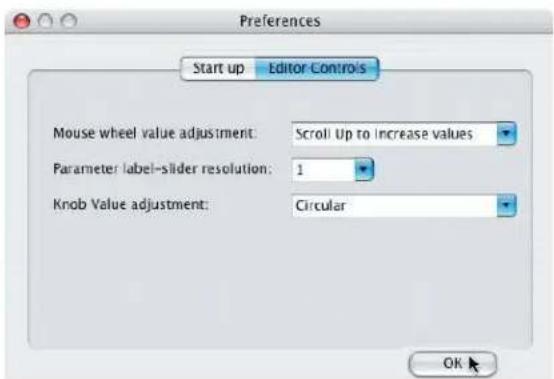 Preferences Start up Editor Controls Mouse wheel value adjustment: Scroll Up to Increase values Parameter label-slider resolution: 1 Knob Value adjustment: Circular OK