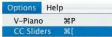 Options Help V-Piano ⌘P CC Sliders ⌘[