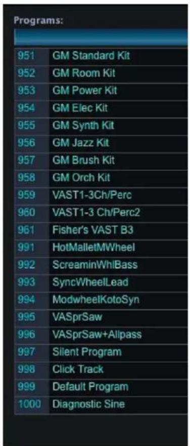 Programs: 951 GM Standard Kit 952 GM Room Kit 953 GM Power Kit 954 GM Elec Kit 955 GM Synth Kit 956 GM Jazz Kit 957 GM Brush Kit 958 GM Orch Kit 959 VAST1-3Ch/Perc 960 VAST1-3 Ch/Perc2 961 Fisher's VAST B3 991 HotMalletMWheel 992 ScreaminWhlBass 993 SyncWheelLead 994 ModwheelKotoSyn 995 VASprSaw 996 VASprSaw+Allpass 997 Silent Program 998 Click Track 999 Default Program 1000 Diagnostic Sine