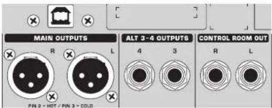MAIN OUTPUTS ALT 3-4 OUTPUTS CONTROL ROOM OUT R L 4 3 R L PIN 2 - HOT / PIN 3 - COLD