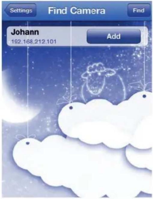 Settings Find Camera Find Johann 192.168.212.101 Add